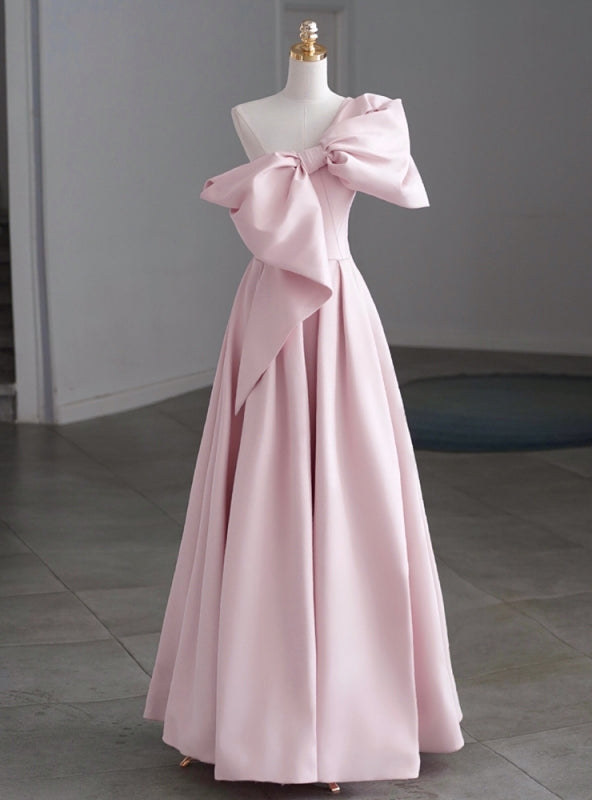 A-Line Pink One Shoulder Bow Prom Dress