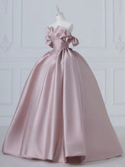 A-Line Pink Satin Long Prom Dresses, Pink Long Evening Dresses