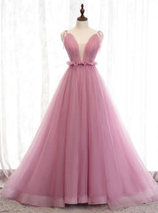 A-Line Pink Tulle Deep V-neck Backless Long Prom Dresses