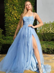 A-Line/Princess Halter Sweep Train Tulle Prom Dresses With Leg Slit