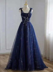 A-Line Princess Navy Blue Tulle Beaded V-neckline Party Dresses Shiny Tulle Prom Dresses