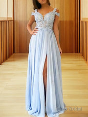 A-Line/Princess Off-the-Shoulder Floor-Length Chiffon Prom Dresses With Leg Slit