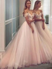 A-Line/Princess Off-the-Shoulder Sweep Train Tulle Prom Dresses With Ruffles