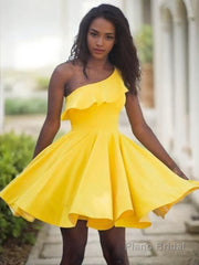 A-Line/Princess One-Shoulder Short/Mini Satin Homecoming Dresses With Ruffles