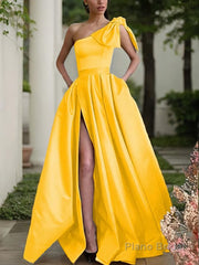 A-Line/Princess One-Shoulder Sweep Train Satin Prom Dresses With Leg Slit