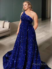 A-Line/Princess One-Shoulder Sweep Train Velvet Sequins Prom Dresses With Pockets