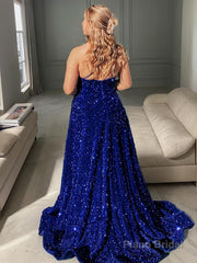 A-Line/Princess One-Shoulder Sweep Train Velvet Sequins Prom Dresses With Pockets