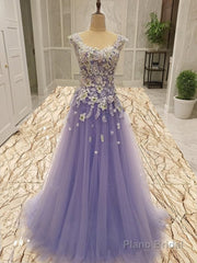 A-Line/Princess Scoop Floor-Length Tulle Evening Dresses With Appliques Lace