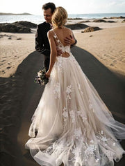 A-Line/Princess Scoop Sweep Train Lace Wedding Dresses With Appliques Lace