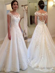 A-Line/Princess Scoop Sweep Train Tulle Wedding Dresses With Appliques Lace