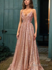 A-Line/Princess Spaghetti Straps Floor-Length Sequins Evening Dresses With Ruffles