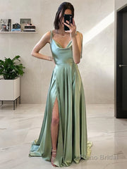 A-Line/Princess Spaghetti Straps Sweep Train Silk like Satin Prom Dresses With Leg Slit