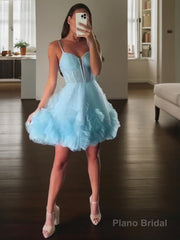 A-line/Princess Straps Short/Mini Tulle Homecoming Dress with Cascading Ruffles