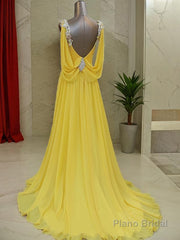 A-Line/Princess Straps Sweep Train Chiffon Prom Dresses With Beading