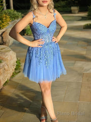 A-Line/Princess Sweetheart Corset Short/Mini Tulle Homecoming Dresses With Appliques Lace