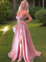 A-Line/Princess Sweetheart Sweep Train Prom Dresses With Leg Slit