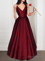 A-Line/Princess V-neck Floor-Length Satin Evening Dresses