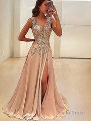 A-Line/Princess V-neck Floor-Length Silk like Satin Evening Dresses With Leg Slit