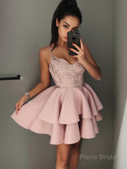 A-Line/Princess V-neck Short/Mini Satin Homecoming Dresses