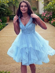 A-Line/Princess V-neck Short/Mini Tulle Homecoming Dresses With Cascading Ruffles