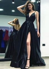 A-line/Princess V Neck Sleeveless Sweep Train Satin Prom Dresses With Split