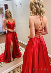 A-line Princess V Neck Sweep Train Charmeuse Prom Dresses With Split