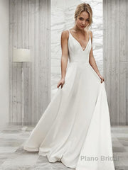 A-Line/Princess V-neck Sweep Train Charmeuse Wedding Dresses