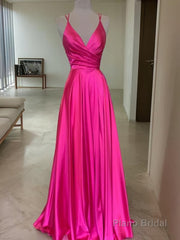 A-Line/Princess V-neck Sweep Train Elastic Woven Satin Prom Dresses