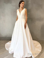 A-Line/Princess V-neck Sweep Train Satin Wedding Dresses