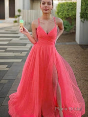 A-Line/Princess V-neck Sweep Train Tulle Prom Dresses With Leg Slit