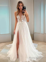 A-Line/Princess V-neck Sweep Train Tulle Wedding Dresses With Leg Slit