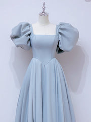 A-Line Puff sleeves Long Blue Prom Dresses, Square Neckline Blue Long Formal Dresses