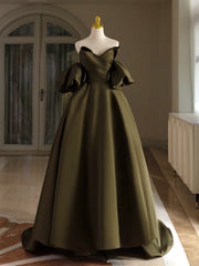 A-Line Puff Sleeves Olive Green Satin Long Prom Dresses, Olive Green Long Evening Dresses