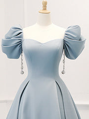 A-Line Puff Sleeves Satin Blue Long Prom Dresses, Blue Long Formal Dresses