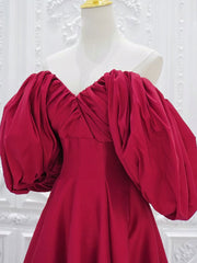 A-Line Puff Sleeves Satin Dark Red Long Prom Dress, Dark Red Long Evening Dress