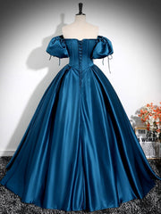 A-Line Puff Sleeves Satin Peacock Blue Long Prom Dresses, Peacock Blue Long Formal Dresses