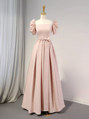 A-Line Puff Sleeves Satin Pink Long Prom Dresses, Pink Long Bridesmaid Dresses