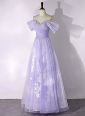 A-line Purple Tulle with Lace Off Shoulder Formal Dresses, Purple Tulle Prom Dresses