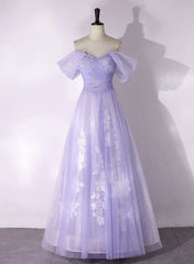 A-line Purple Tulle with Lace Off Shoulder Formal Dresses, Purple Tulle Prom Dresses