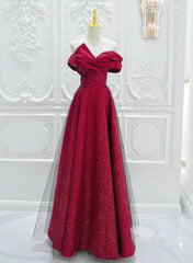 A-Line Red Satin Long Off Shoulder Evening Dress, Simple Floor Length Prom Dress