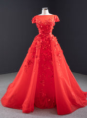 A-Line Red Tulle Appliques Cap Sleeve Prom Dress With Removable Train