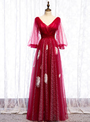 A-Line Red Tulle V-neck Long Sleeve Backless Prom Dresses