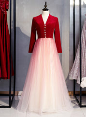 A-Line Red Velvet Tulle Long Sleeve Open Back Prom Dresses