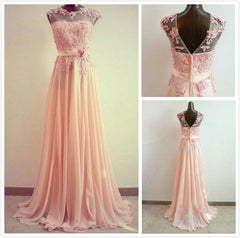 A-Line Round Neck Sweep Train Lace Coral Prom Dresses, Formal Dresses, Lace Bridesmaid Dresses