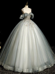 A-Line Round Neck Tulle Gray Blue Long Prom Dresses, Tulle Sequin Lace Long Evening Dresses