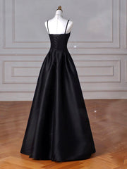 A-Line  Satin Black Long Prom Dresses, Black Long Evening Dresses