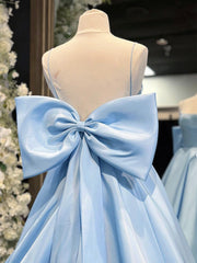 A-Line Satin Blue Long Prom Dresses, Blue Long Graduation Dresses