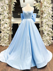 A-Line Satin Blue Long Prom Dresses, Blue Long Graduation Dresses