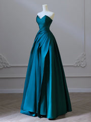 A-Line Satin Green Long Prom Dresses, Green Satin Long Formal Dresses