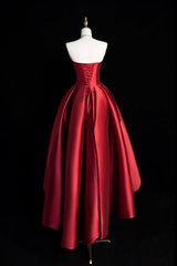 A-Line Satin Short Prom Dresses, Burgundy Strapless High Low Party Dresses